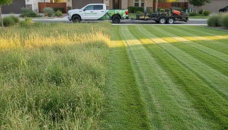 Before and after lawn mowing in Sacramento, CA showing professional grass cutting and yard transformation