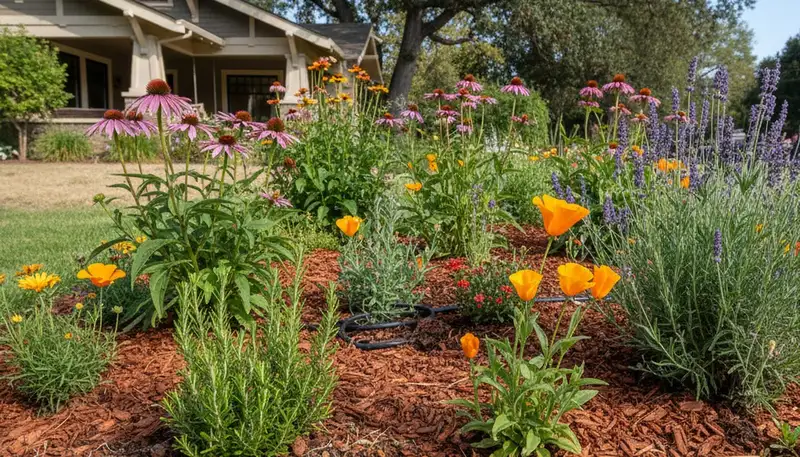 Organic landscape beds with vibrant native plants and mulch in Sacramento, CA sustainable landscaping