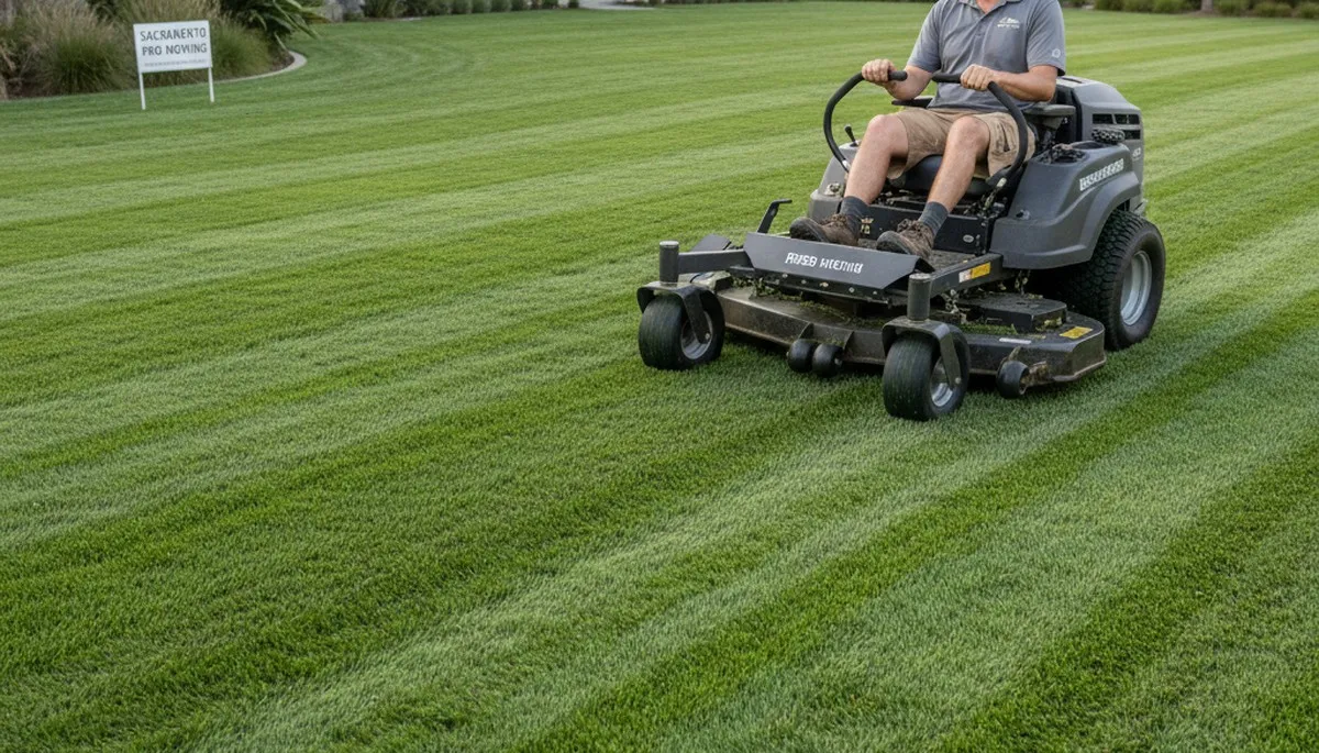 Commercial mower creating precise mowing lines on a Sacramento CA lawn by Chop Chop Landscaping