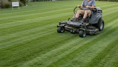 Commercial mower creating precise mowing lines on a Sacramento CA lawn by Chop Chop Landscaping
