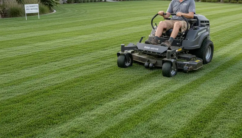 Commercial mower creating precise mowing lines on a Sacramento CA lawn by Chop Chop Landscaping