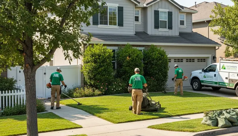 Professional crew mowing, edging, and trimming a Sacramento, CA lawn for full maintenance service