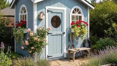 Decorative garden shed with custom landscaping design in Sacramento, CA by Chop Chop Landscaping