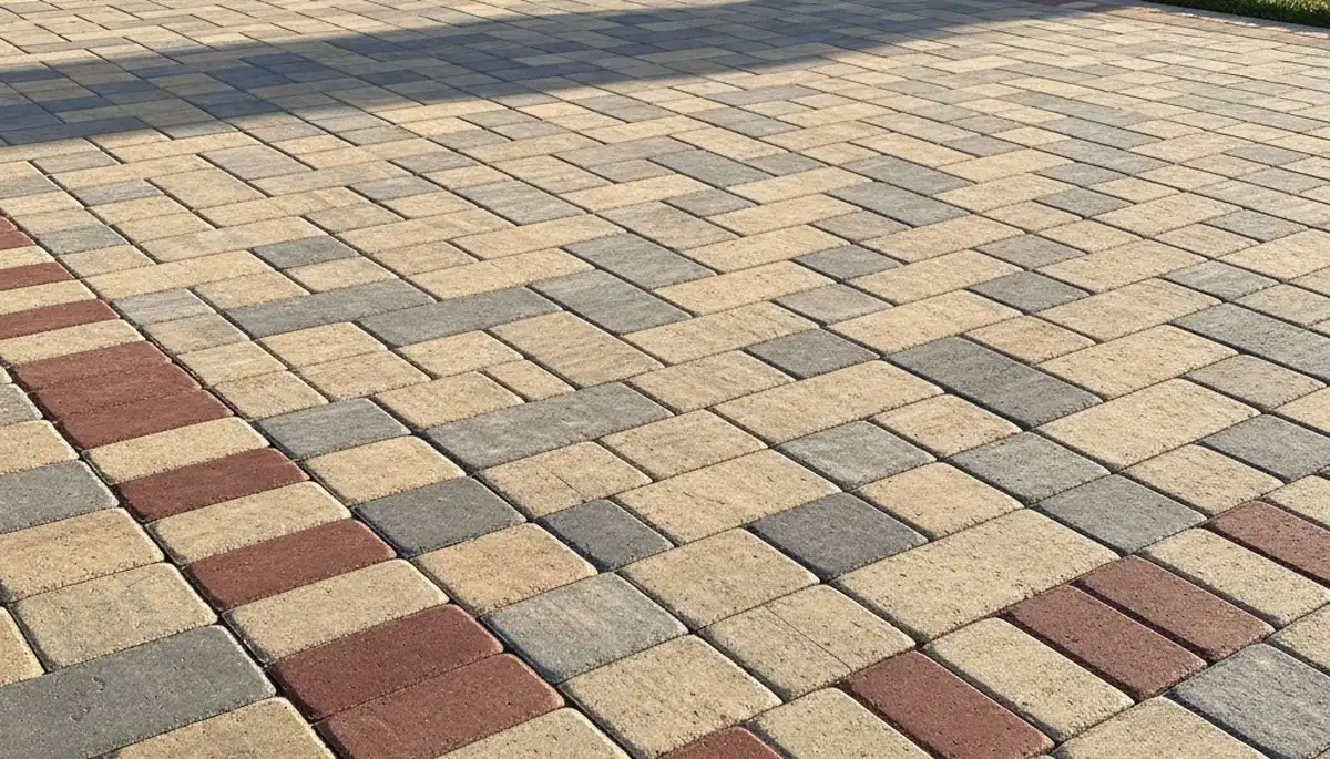 Decorative driveway paver edging with soldier course border by professional landscapers in Sacramento, CA