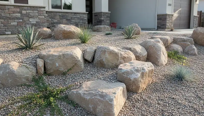 Desert rock garden with boulders and gravel by Chop Chop Landscaping in Sacramento, CA