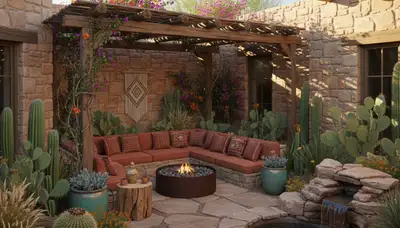 Desert courtyard landscaping with native plants and shaded seating in Sacramento, CA outdoor retreat