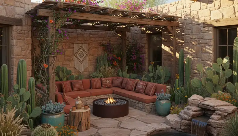 Desert courtyard landscaping with native plants and shaded seating in Sacramento, CA outdoor retreat
