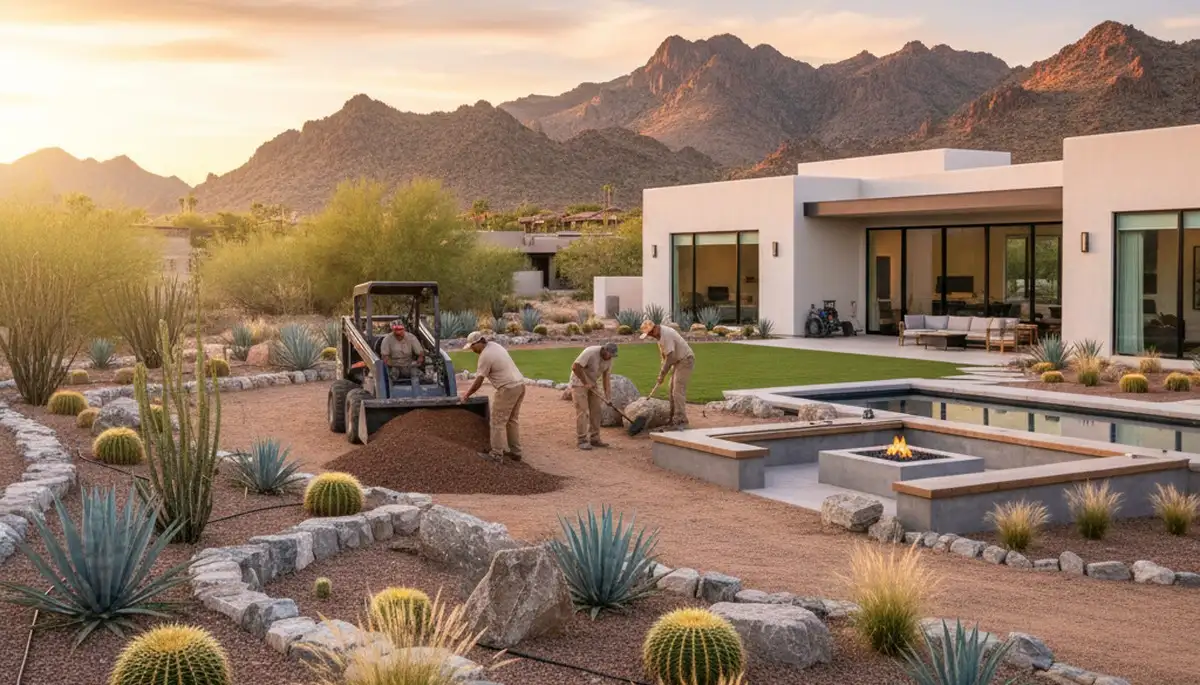 Desertscape landscaping in Sacramento, CA with drought-tolerant plants and decorative rock design