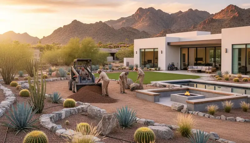 Desertscape landscaping in Sacramento, CA with drought-tolerant plants and decorative rock design