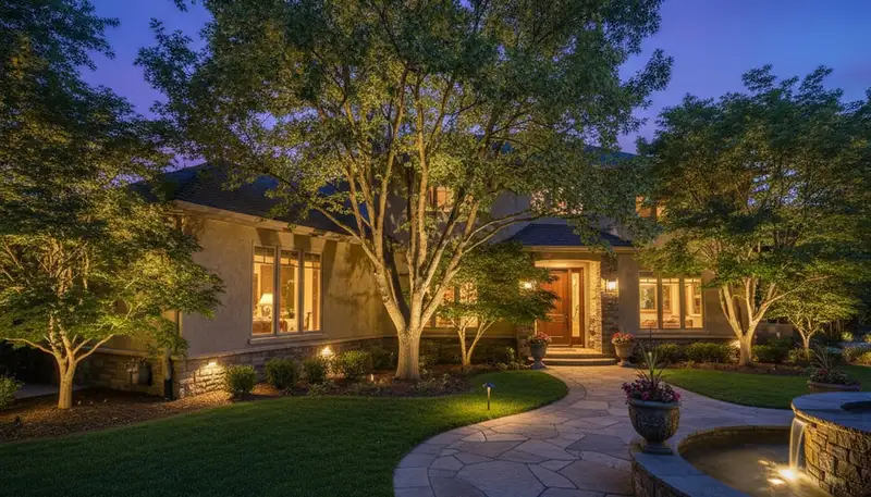 Dramatic tree uplighting at night by Chop Chop Landscaping in Sacramento, CA showcasing expert outdoor lighting