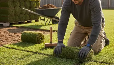 Professional landscaper installing sod rolls with precision in Sacramento, CA for lush lawn results