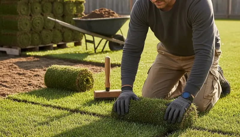 Professional landscaper installing sod rolls with precision in Sacramento, CA for lush lawn results