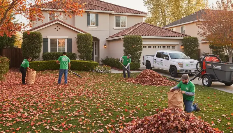 Landscapers raking and bagging fall leaves during yard cleanup at a Sacramento, CA residential property