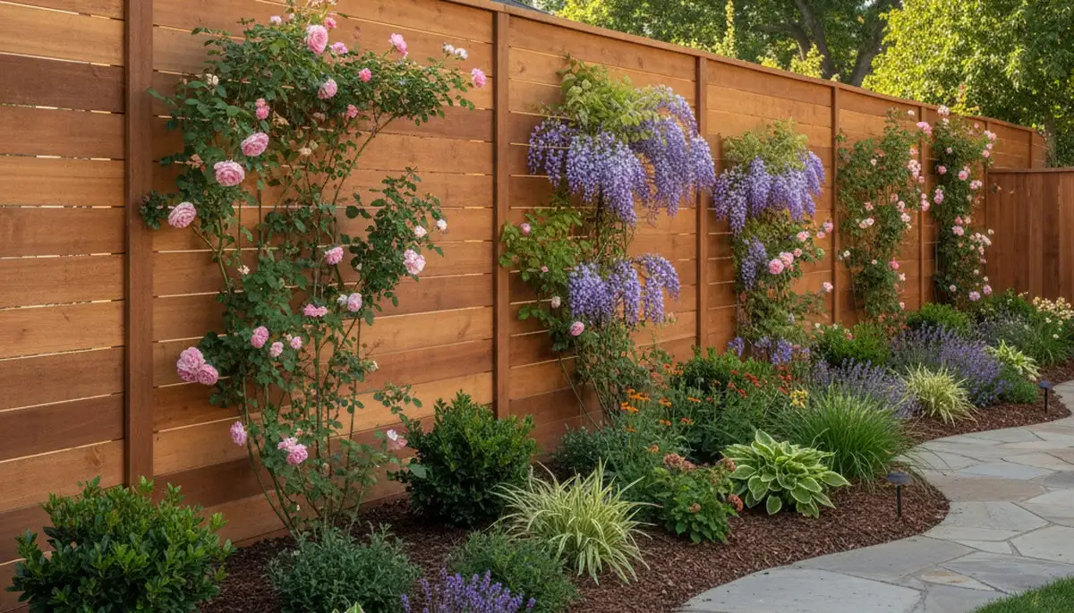 Wood fence with integrated landscape plantings by Chop Chop Landscaping in Sacramento, CA