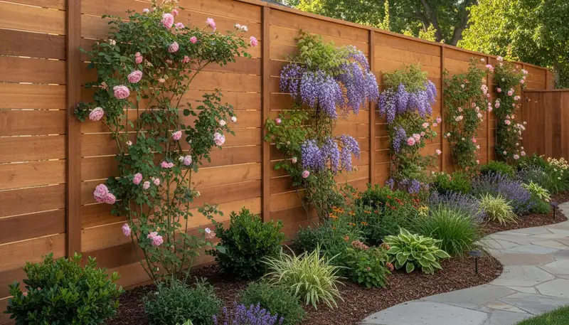 Wood fence with integrated landscape plantings by Chop Chop Landscaping in Sacramento, CA