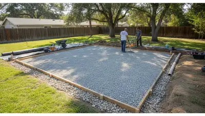Level gravel shed base preparation by Chop Chop Landscaping in Sacramento, CA for durable installation