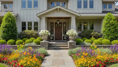 Front yard landscaping with colorful plants and shaped shrubs in Sacramento, CA by Chop Chop Landscaping
