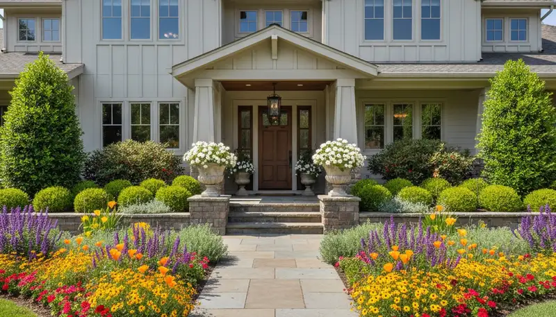 Front yard landscaping with colorful plants and shaped shrubs in Sacramento, CA by Chop Chop Landscaping