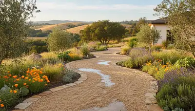 Pea gravel garden path with natural landscaping and plants in Sacramento, CA by Chop Chop Landscaping