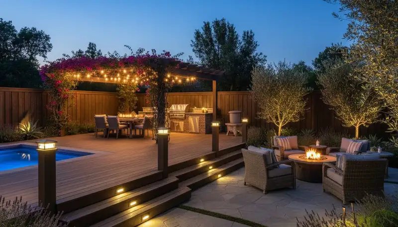 Evening landscape lighting with post cap and step lights in Sacramento, CA backyard entertainment area