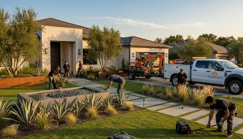 Landscape service crew in Sacramento, CA installing a custom yard design for a residential property