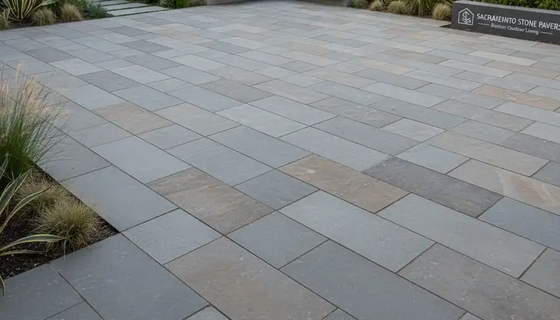 Contemporary large format stone slab patio installation by Chop Chop Landscaping in Sacramento, CA