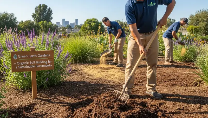 Professional applying organic compost to landscape soil in Sacramento, CA for sustainable landscaping