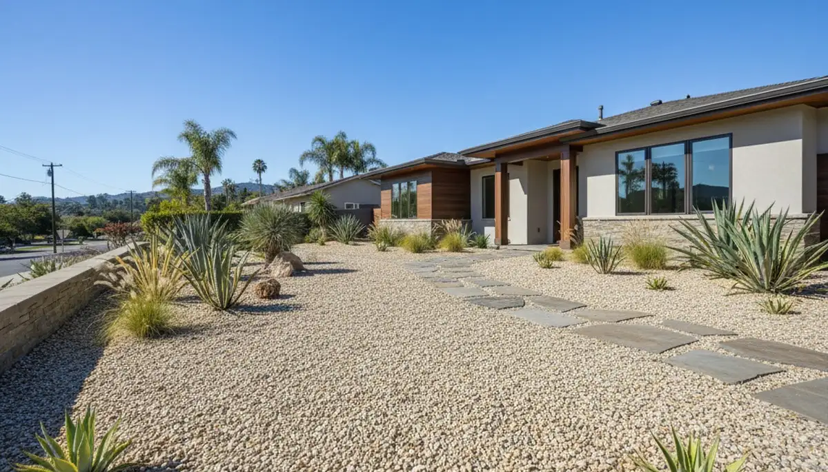Pea gravel mulch installation in Sacramento, CA showcasing low-maintenance, water-wise landscaping design