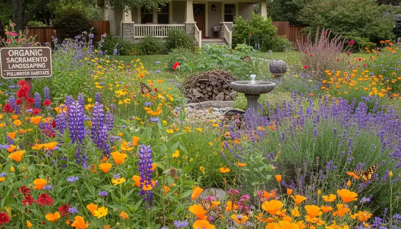 Pollinator-friendly native garden with bees and flowers by organic landscapers in Sacramento, CA