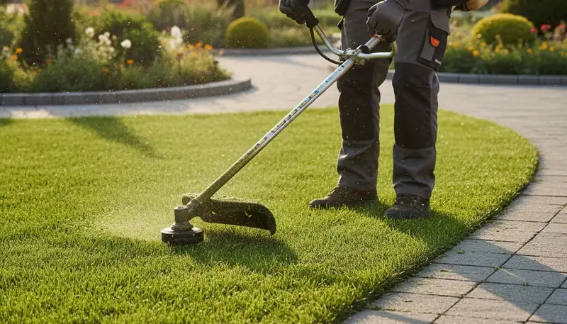Technician trimming lawn edges with string trimmer in Sacramento, CA for precise lawn maintenance