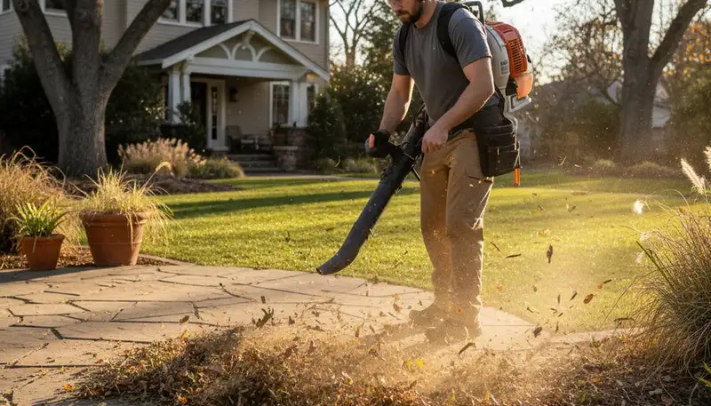 Technician using leaf blower for lawn debris cleanup at Sacramento, CA property by Chop Chop Landscaping