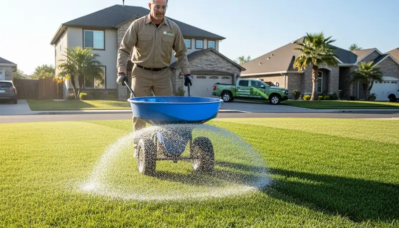 Lawn care technician applying fertilizer with spreader on green yard in Sacramento, CA