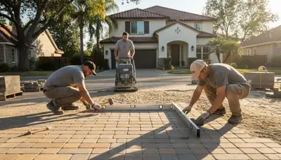 Technicians installing driveway pavers in Sacramento, CA with precise leveling and base preparation