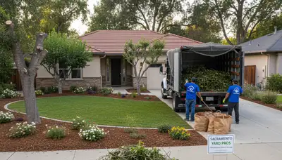 Landscapers hauling yard debris and branches during professional cleanup in Sacramento, CA