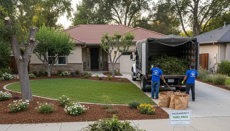 Landscapers hauling yard debris and branches during professional cleanup in Sacramento, CA