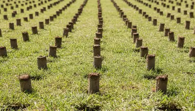 Close-up of soil core plugs after lawn aeration on a Sacramento, CA lawn by Chop Chop Landscaping
