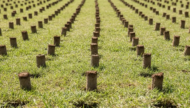 Close-up of soil core plugs after lawn aeration on a Sacramento, CA lawn by Chop Chop Landscaping