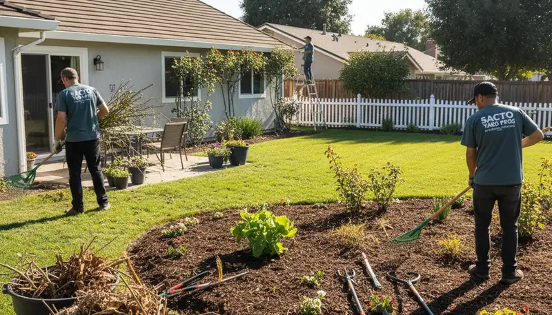 Landscapers removing winter debris during spring yard clean up at a Sacramento, CA property