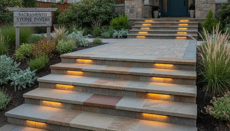 Stone paver entry steps installation by professional landscapers in Sacramento, CA