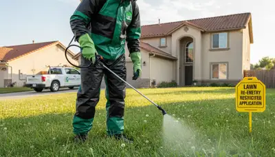 Lawn care technician applying targeted weed control in Sacramento, CA for healthy, well-maintained turf