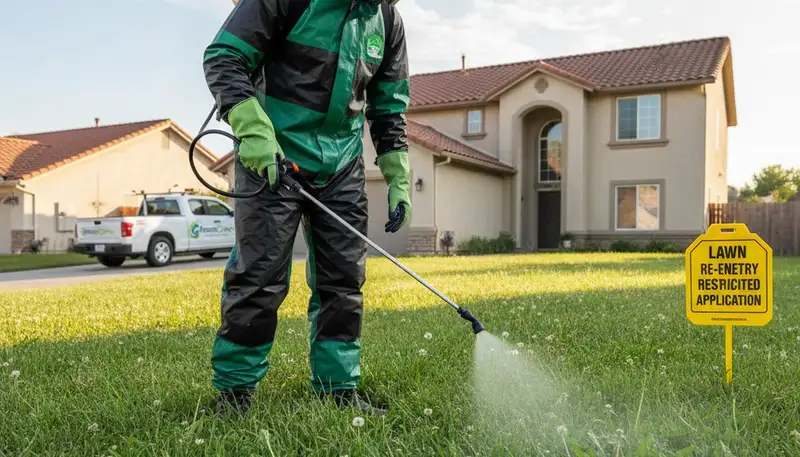 Lawn care technician applying targeted weed control in Sacramento, CA for healthy, well-maintained turf